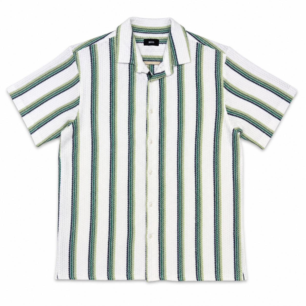 WEELZ Striped Mesh Short-Sleeve Shirt — Olive Stripe product view