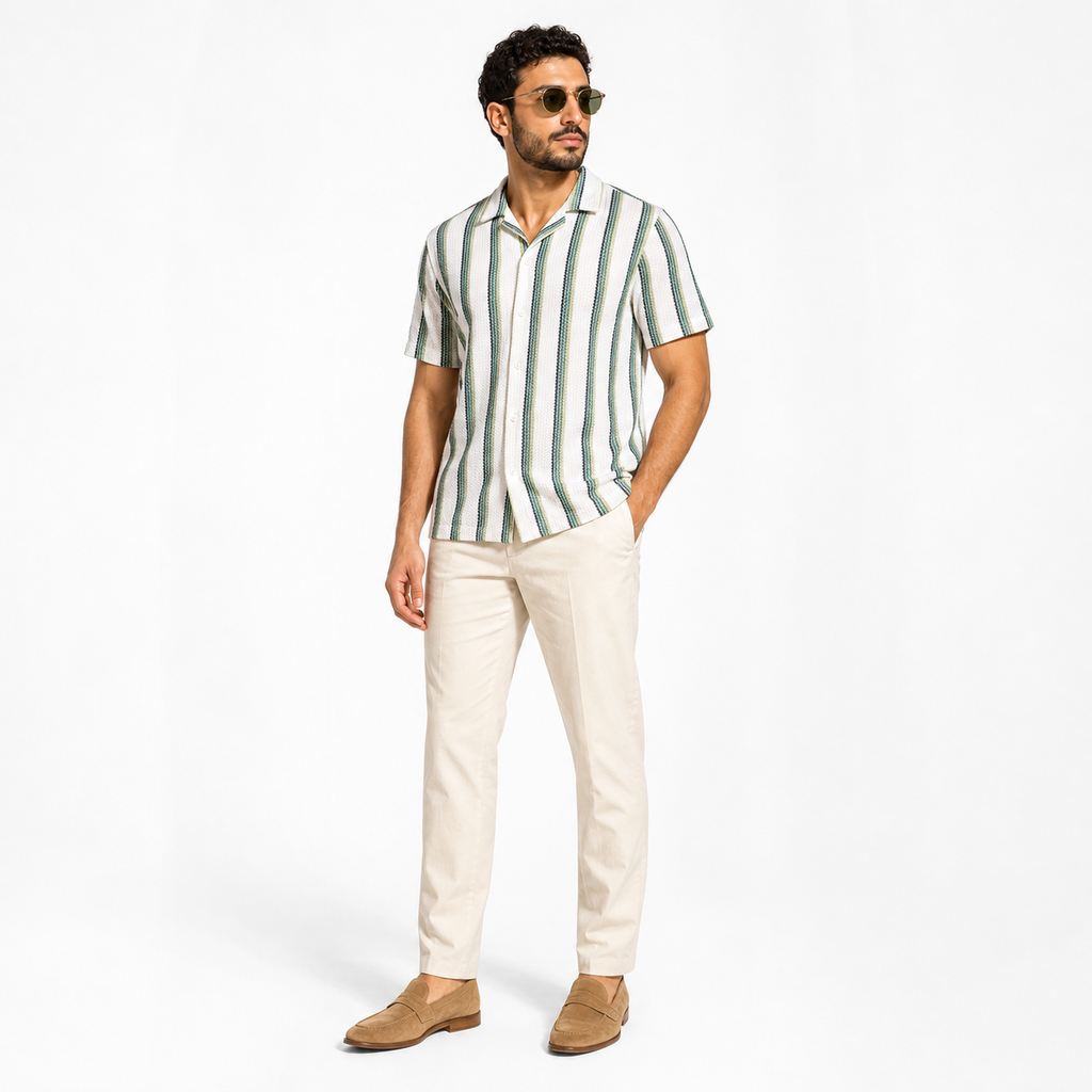 WEELZ Striped Mesh Short-Sleeve Shirt — Olive Stripe styled model view