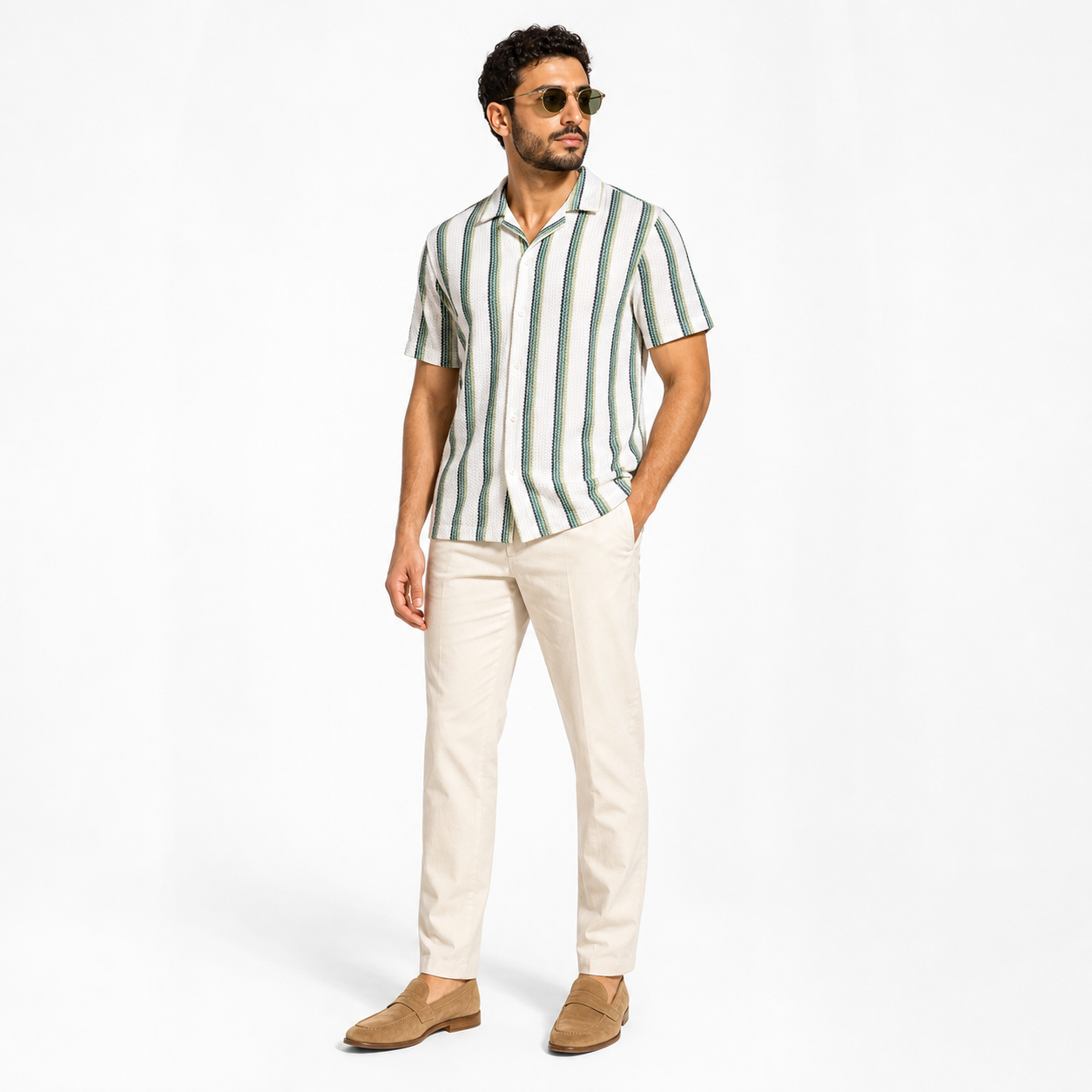 WEELZ Striped Mesh Short-Sleeve Shirt — Olive Stripe styled model view