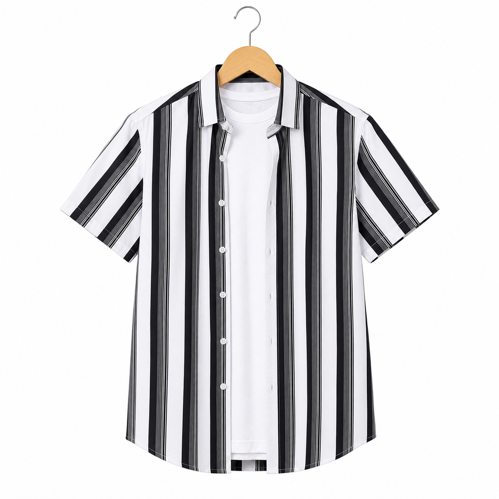 WEELZ Black & White striped short-sleeve shirt — hanging front