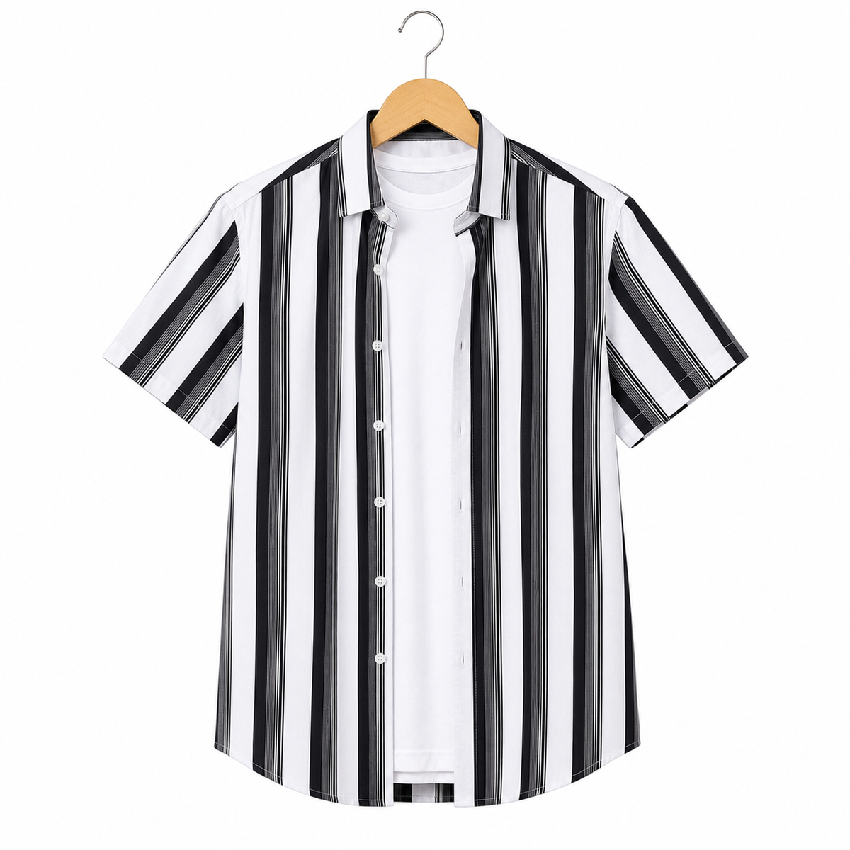 WEELZ Black & White striped short-sleeve shirt — hanging front