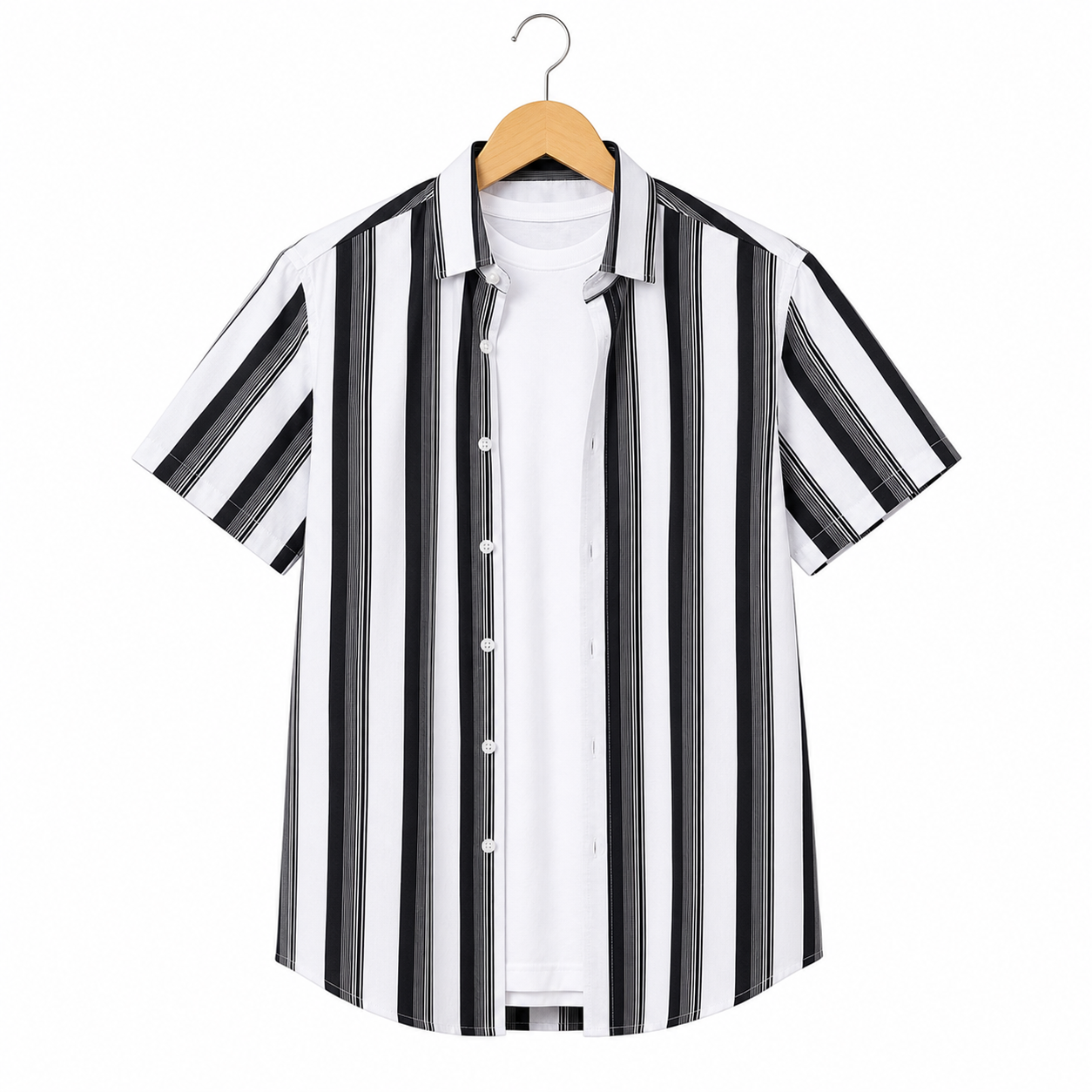 WEELZ Black & White striped short-sleeve shirt — hanging front