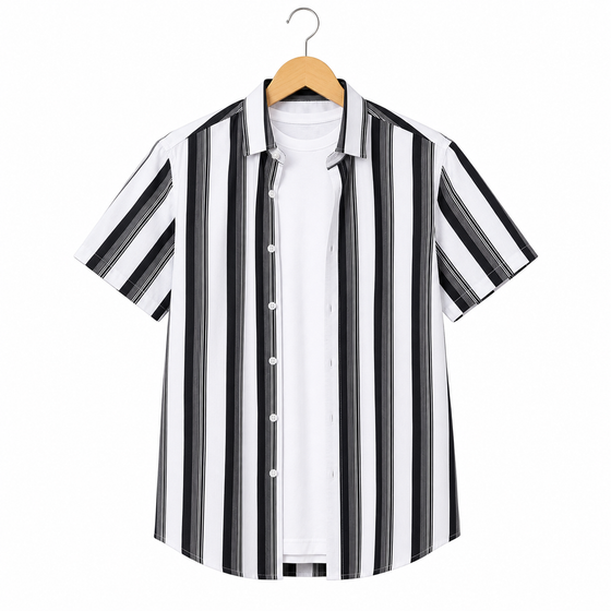 WEELZ Black & White striped short-sleeve shirt — hanging front