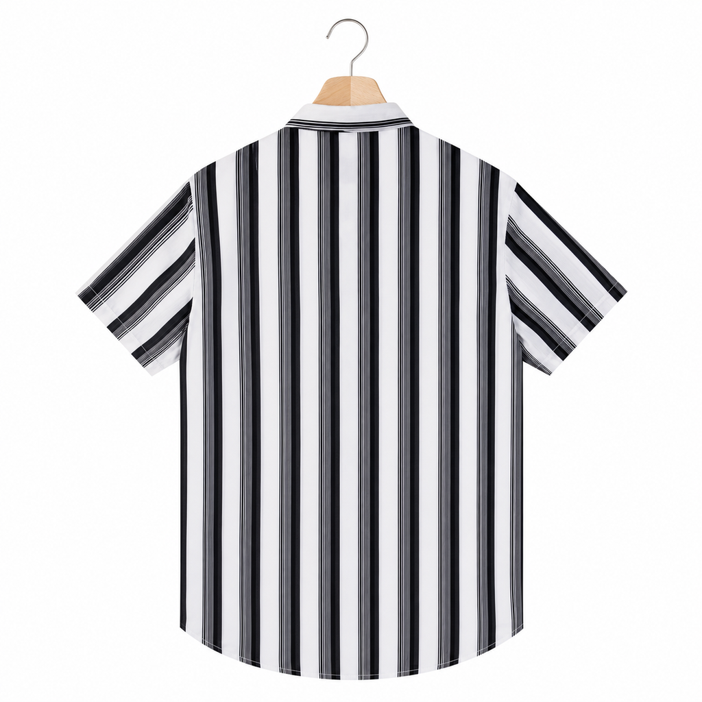 WEELZ Black & White striped short-sleeve shirt — hanging back