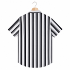 WEELZ Black & White striped short-sleeve shirt — hanging back