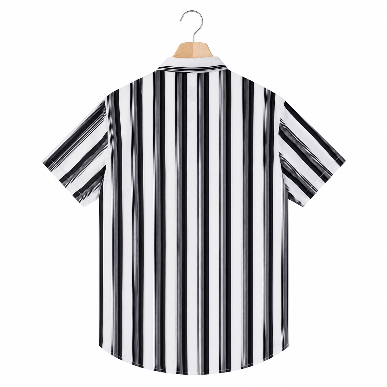 WEELZ Black & White striped short-sleeve shirt — hanging back