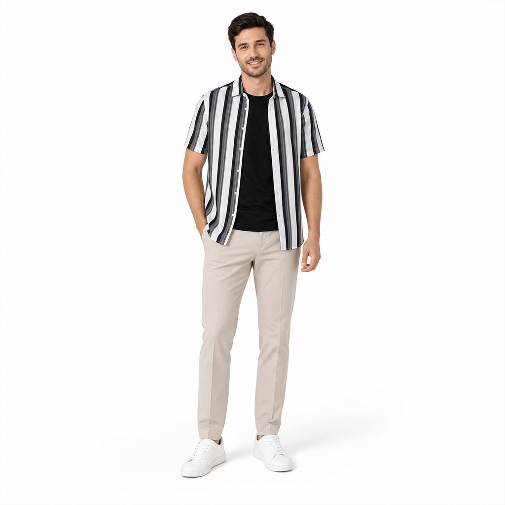 WEELZ Black & White striped short-sleeve shirt — model look 1
