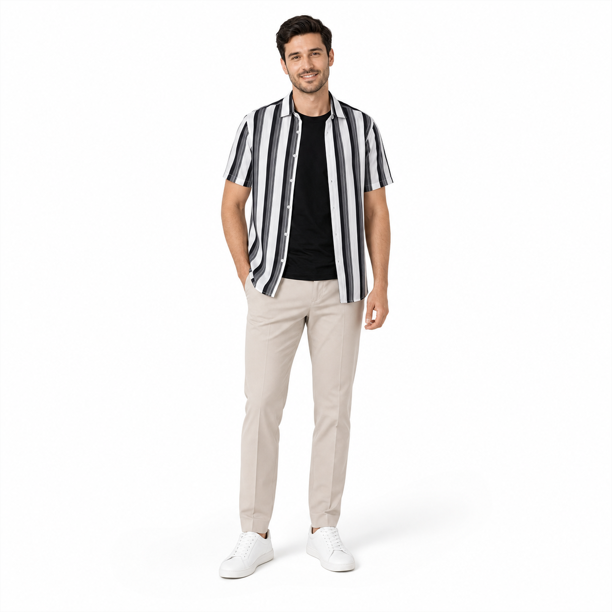 WEELZ Black & White striped short-sleeve shirt — model look 1