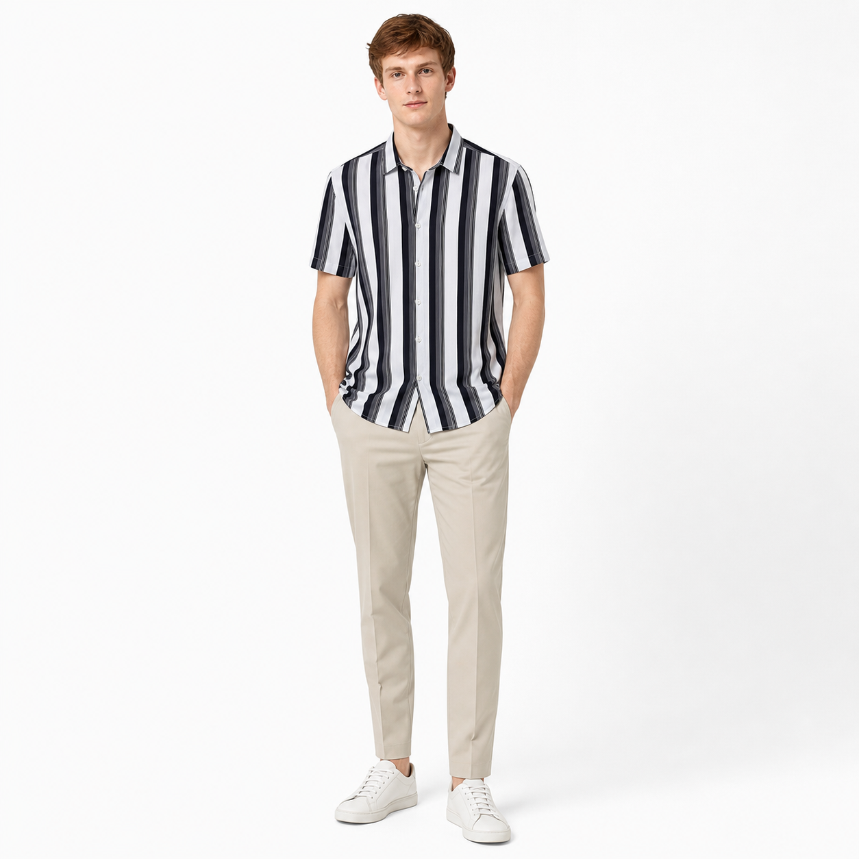 WEELZ Black & White striped short-sleeve shirt — model look 3