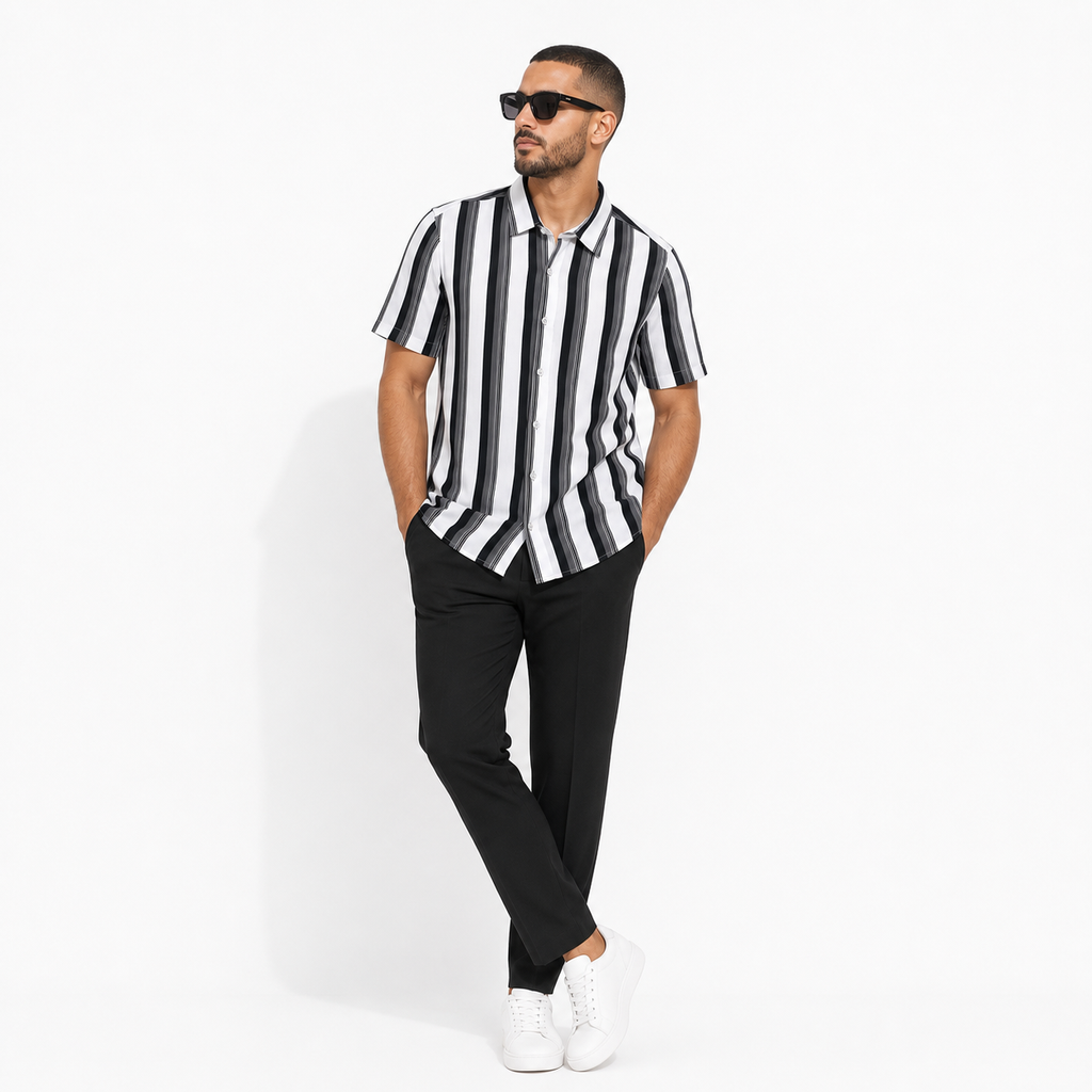 WEELZ Striped Short-Sleeve Shirt — Black & White Stripe styled model view