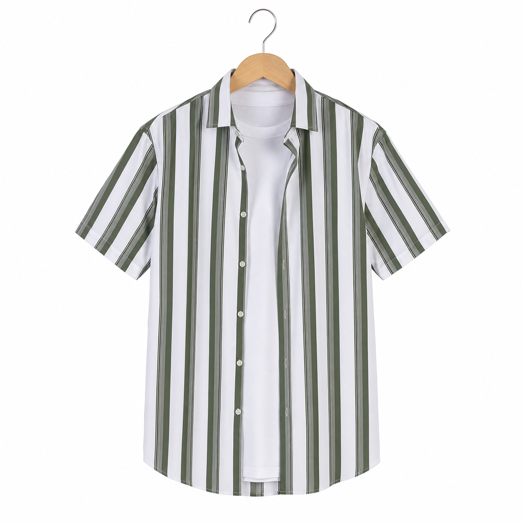 WEELZ Olive & White striped short-sleeve shirt — hanging front