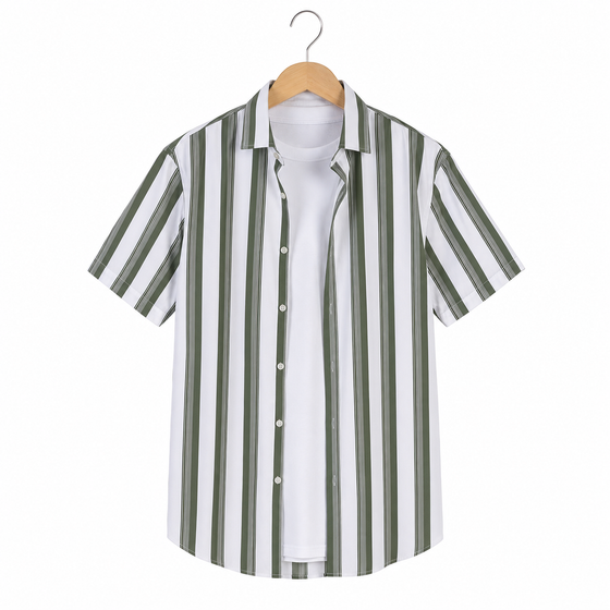 WEELZ Olive & White striped short-sleeve shirt — hanging front