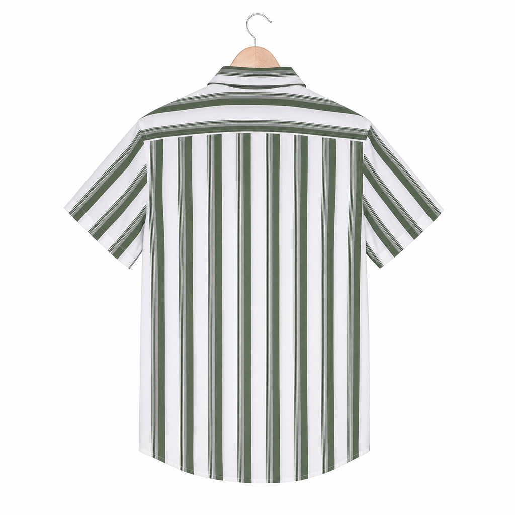 WEELZ Olive & White striped short-sleeve shirt — hanging back