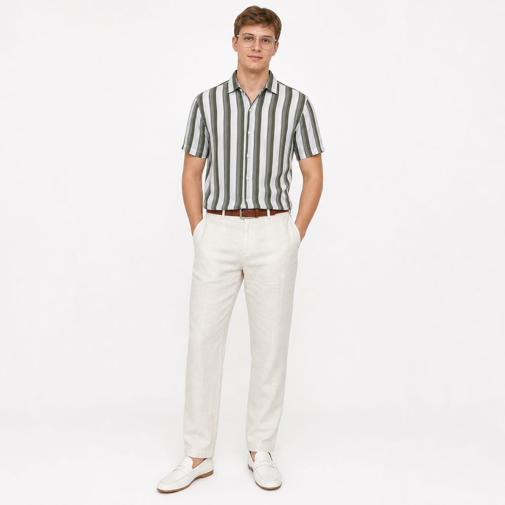 WEELZ Olive & White striped short-sleeve shirt — model look 2