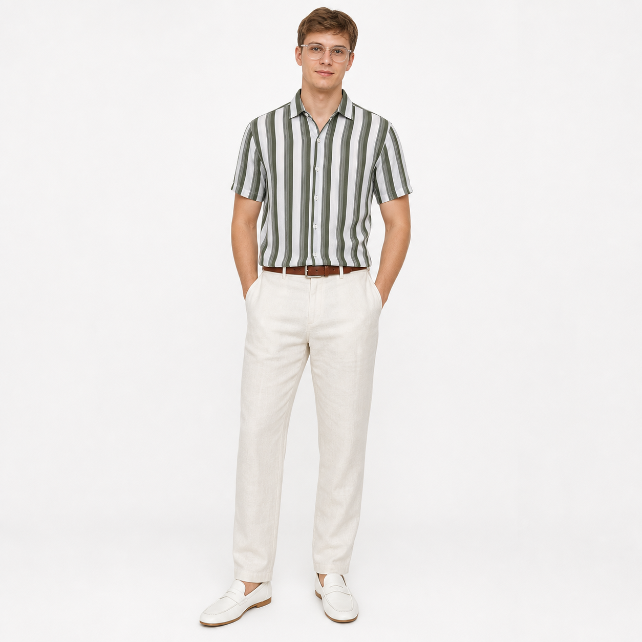WEELZ Olive & White striped short-sleeve shirt — model look 2