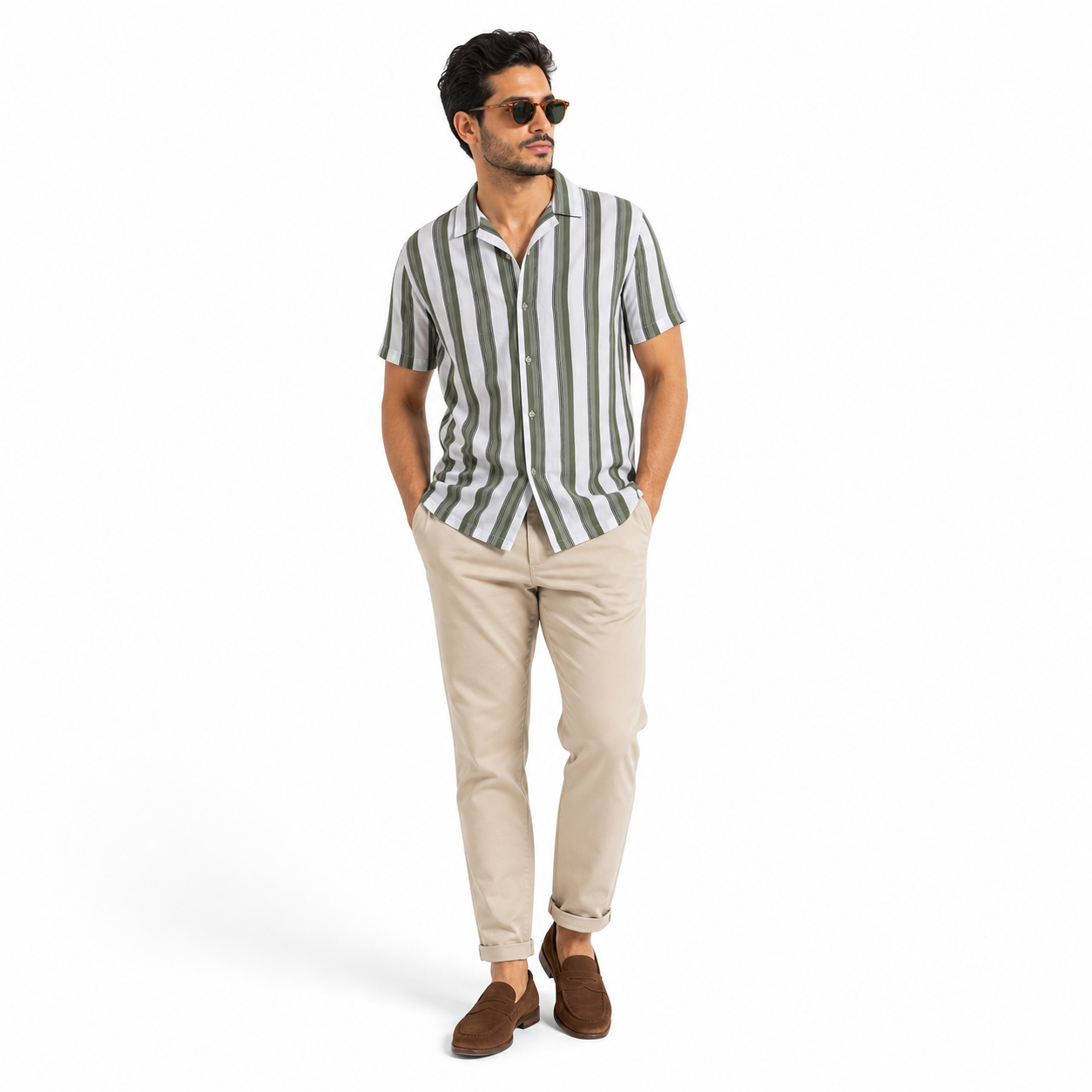 WEELZ Striped Short-Sleeve Shirt — Olive & White Stripe styled model view