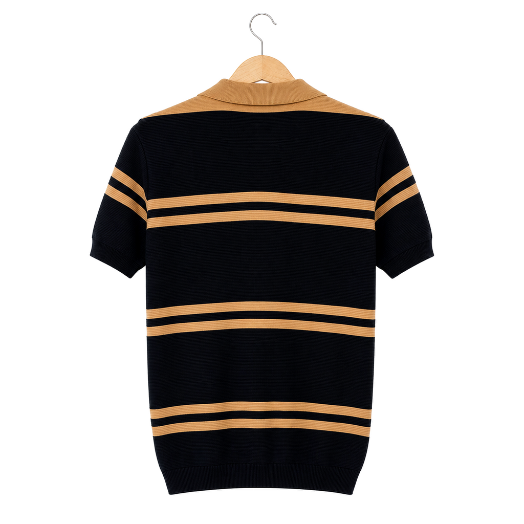 WEELZ black and tan striped V-neck knit polo, rear hanging view on pure white background