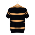 WEELZ black and tan striped V-neck knit polo, rear hanging view on pure white background