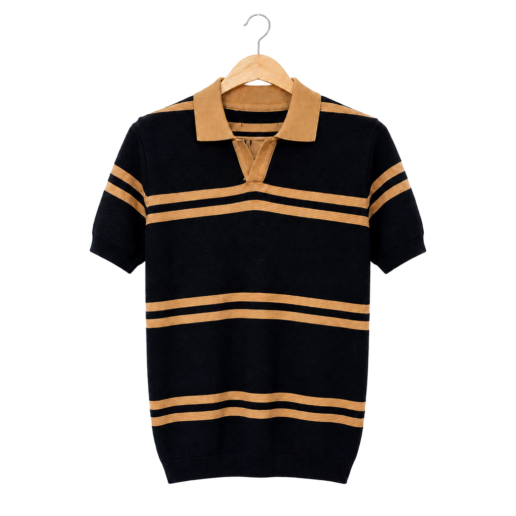 WEELZ black and tan striped V-neck knit polo, front hanging view on pure white background