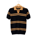 WEELZ black and tan striped V-neck knit polo, front hanging view on pure white background