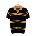 WEELZ black and tan striped V-neck knit polo, front hanging view on pure white background