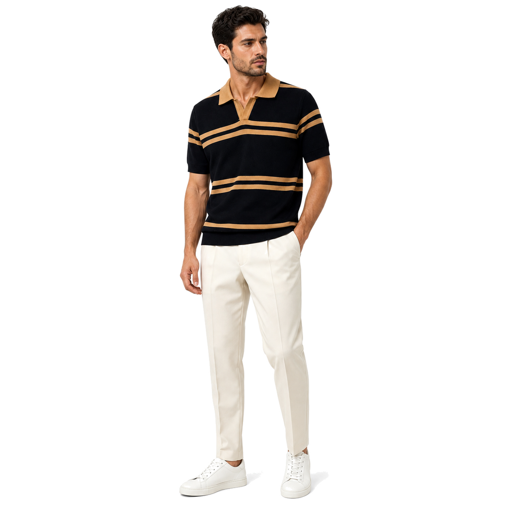 WEELZ black and tan striped V-neck knit polo worn with cream tailored trousers