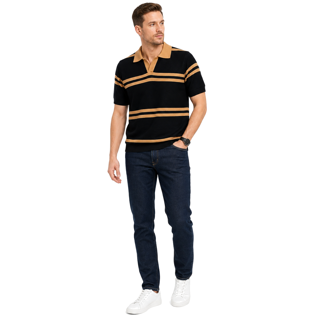 WEELZ black and tan striped V-neck knit polo worn with indigo jeans