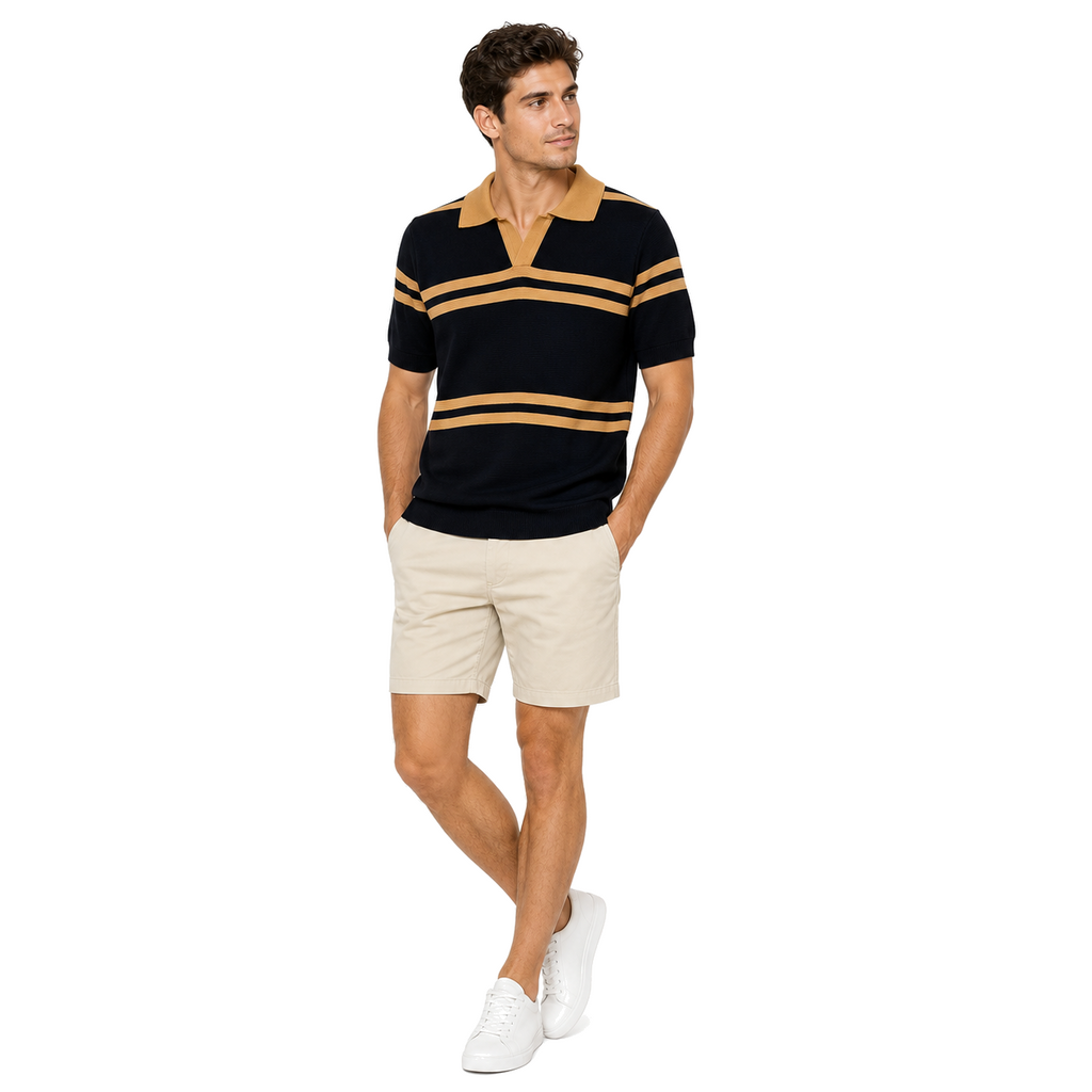 WEELZ black and tan striped V-neck knit polo worn with stone chino shorts