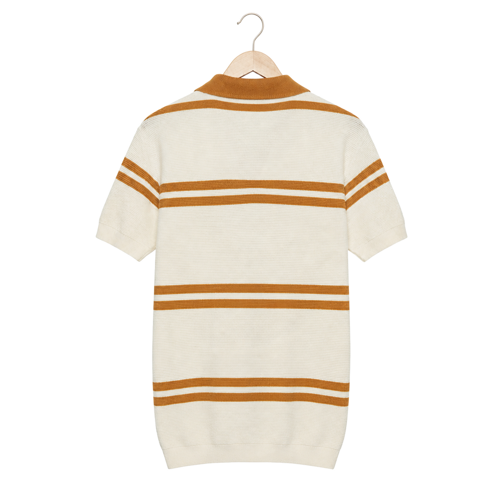 WEELZ cream and tan striped V-neck knit polo, rear hanging view on pure white background