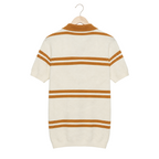 WEELZ cream and tan striped V-neck knit polo, rear hanging view on pure white background