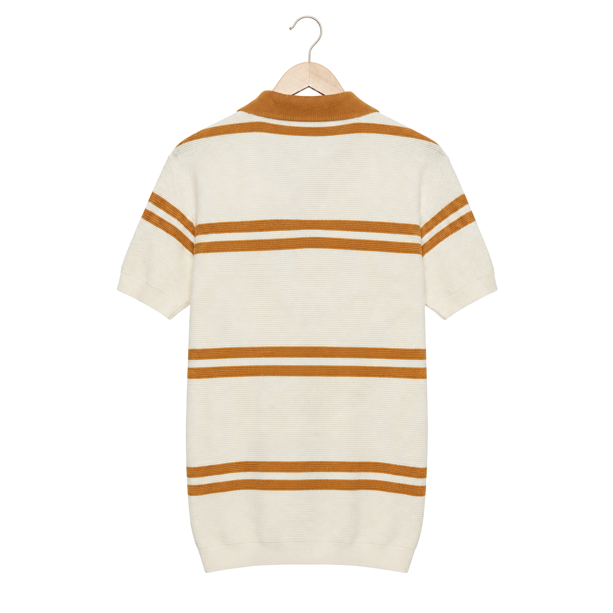 WEELZ cream and tan striped V-neck knit polo, rear hanging view on pure white background