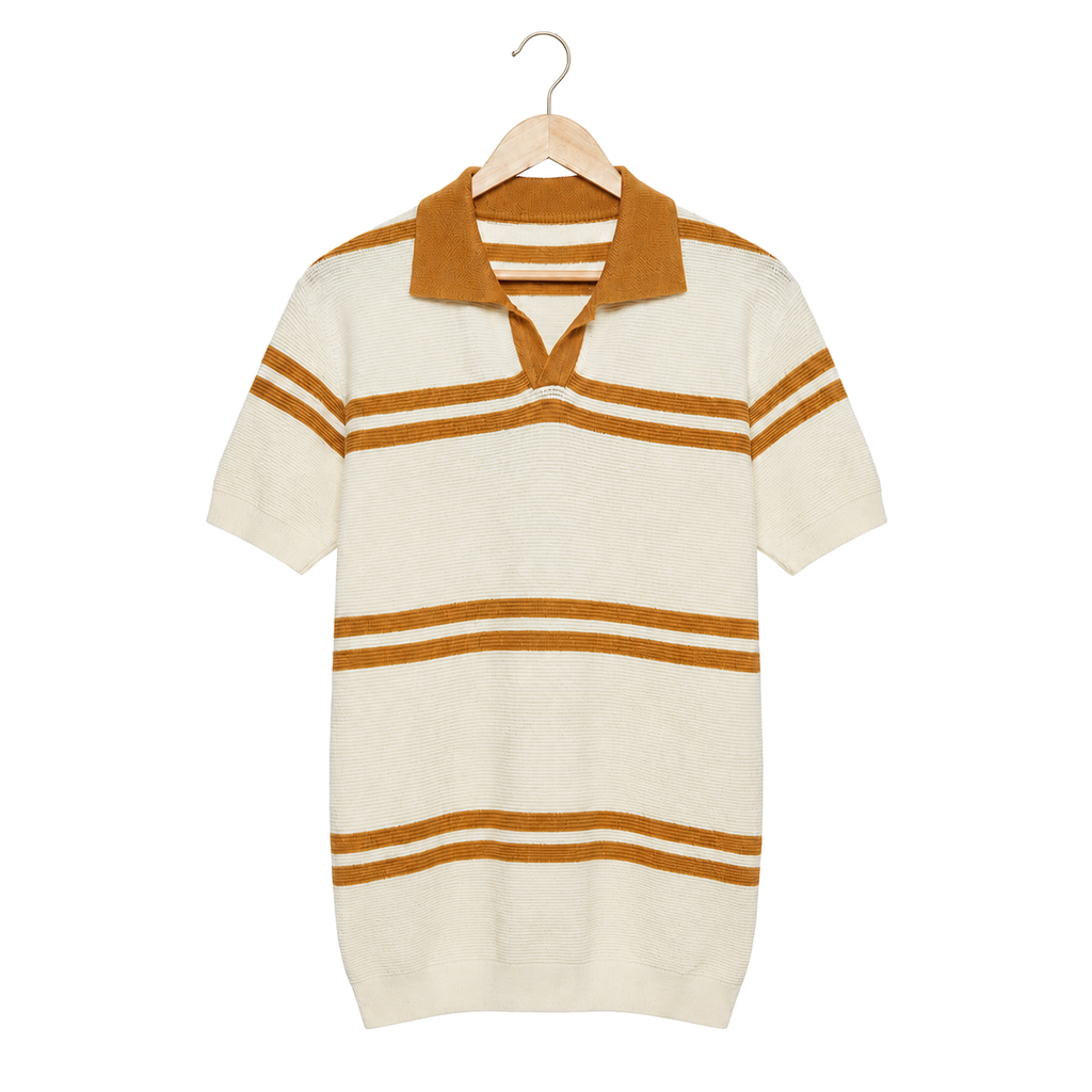 WEELZ cream and tan striped V-neck knit polo, front hanging view on pure white background