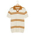 WEELZ cream and tan striped V-neck knit polo, front hanging view on pure white background