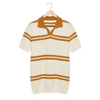 WEELZ cream and tan striped V-neck knit polo, front hanging view on pure white background