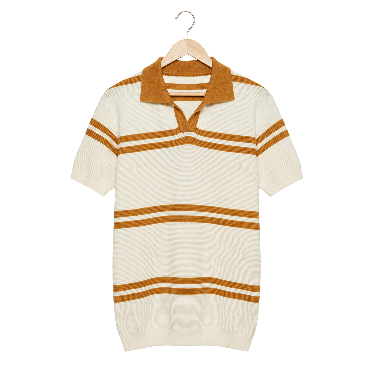 WEELZ cream and tan striped V-neck knit polo, front hanging view on pure white background