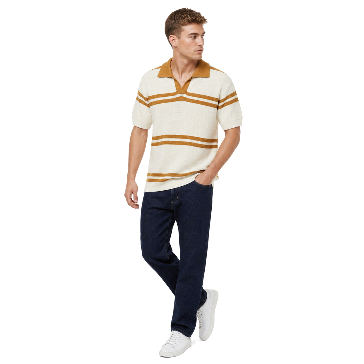 WEELZ cream and tan striped V-neck knit polo worn with indigo jeans