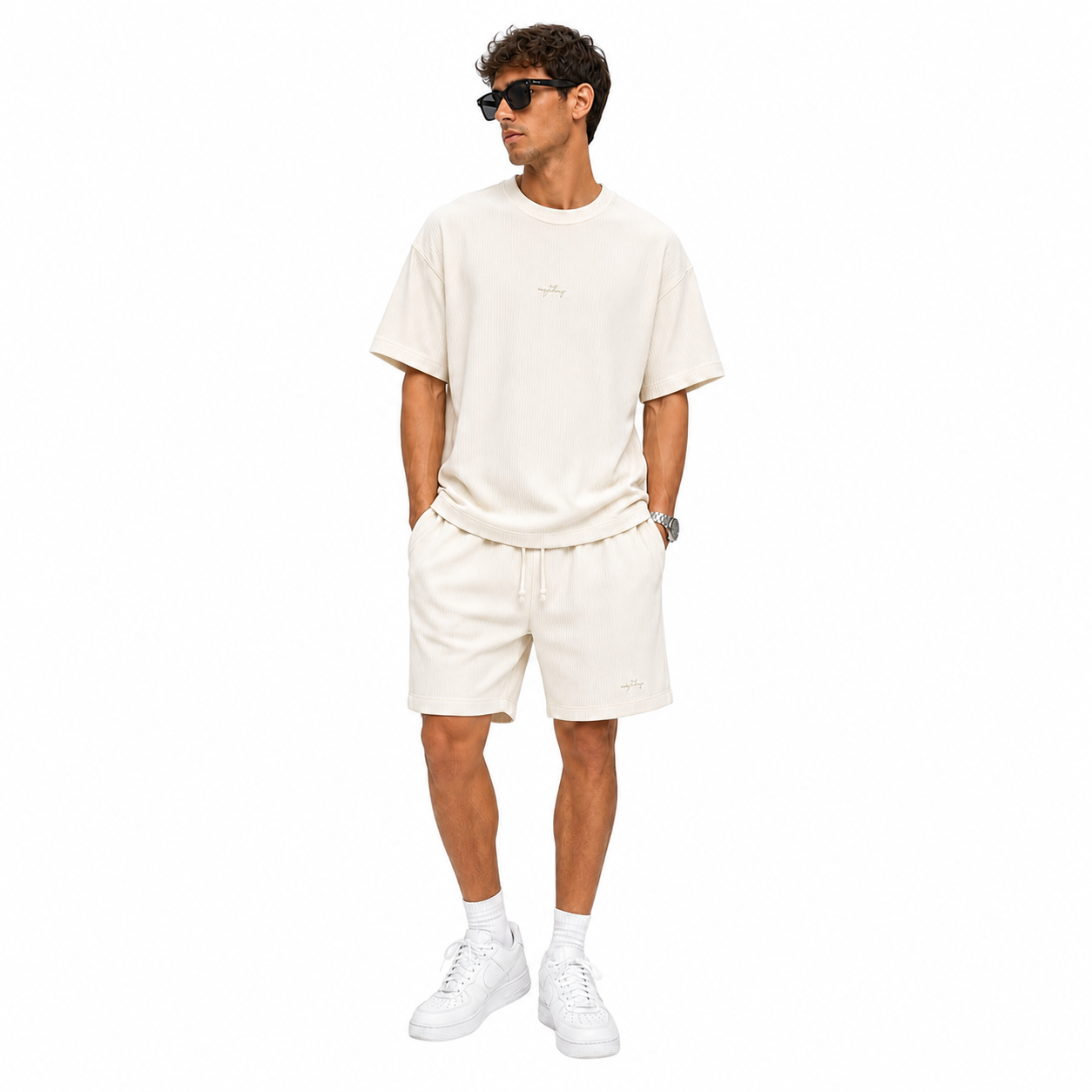WEELZ Textured Cotton T-Shirt & Shorts Set - Off-White - view 1