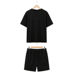 WEELZ black textured cotton T-shirt and shorts set on hanger — front