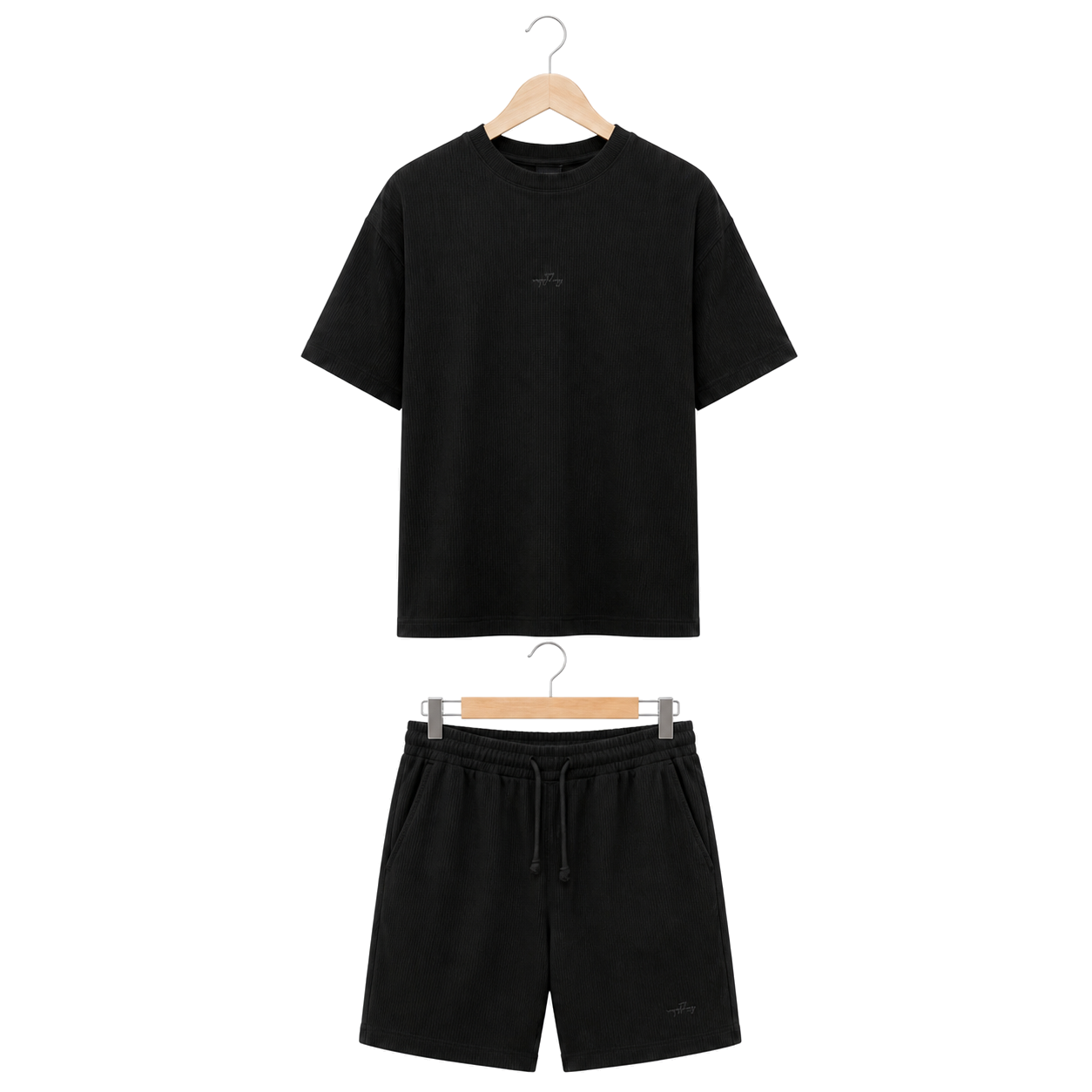 WEELZ black textured cotton T-shirt and shorts set on hanger — front