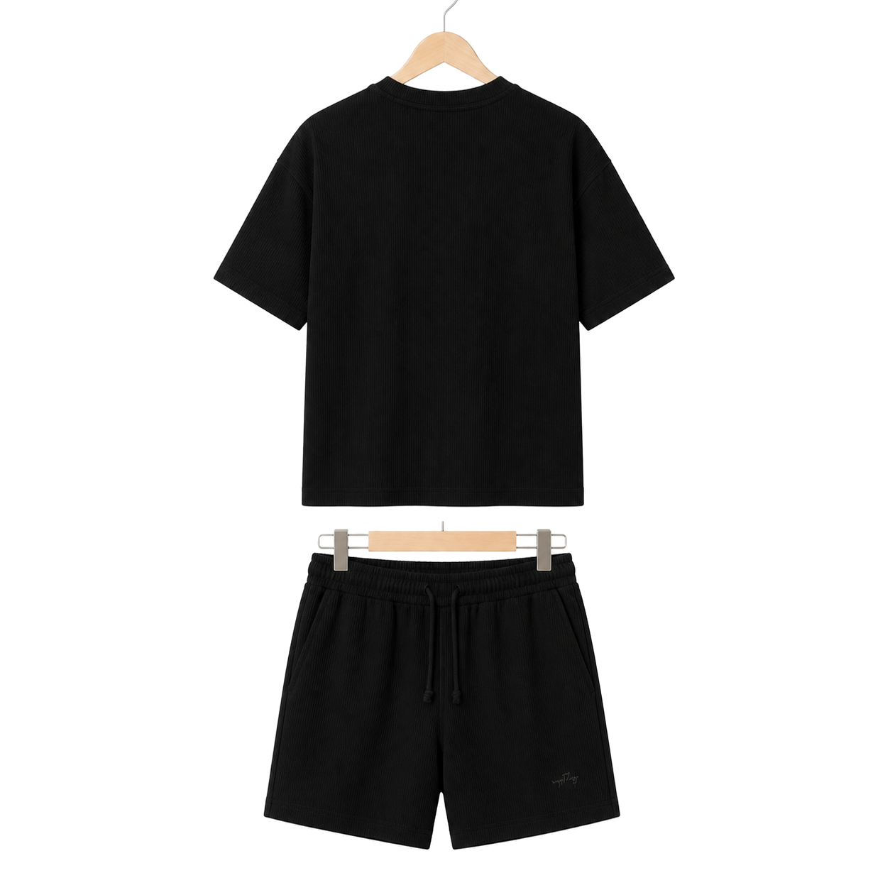WEELZ black textured cotton T-shirt and shorts set on hanger — back