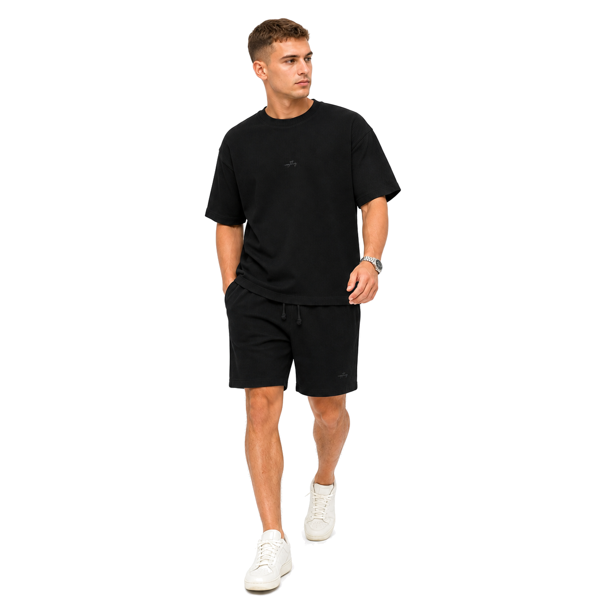 WEELZ black textured cotton T-shirt and shorts set worn by model — look 2