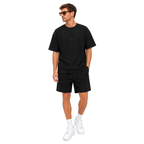 WEELZ black textured cotton T-shirt and shorts set worn by model — look 3