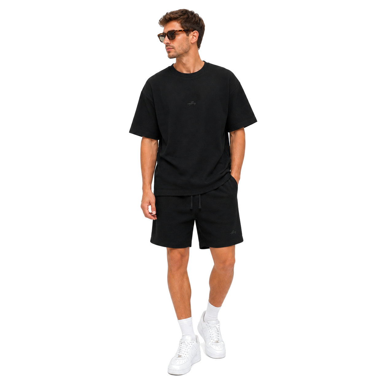 WEELZ black textured cotton T-shirt and shorts set worn by model — look 3