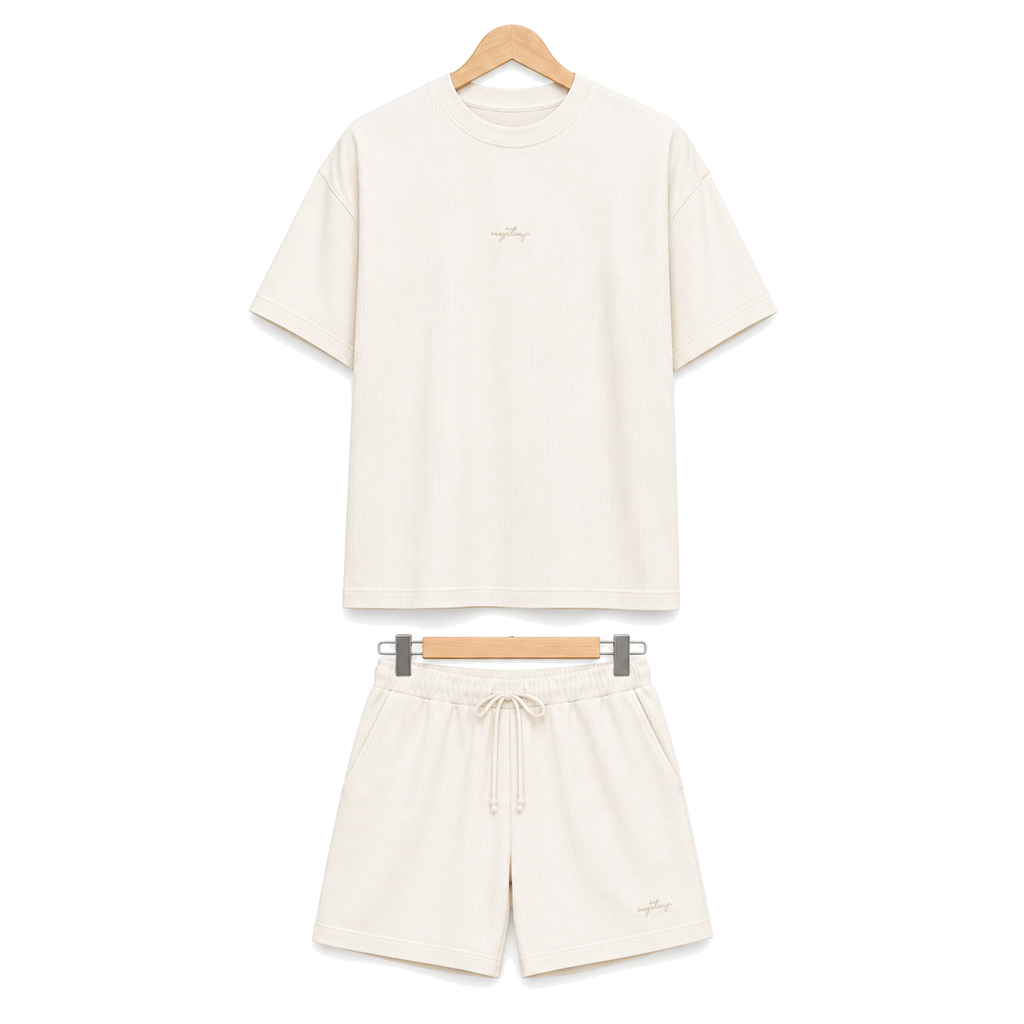 WEELZ off-white textured cotton T-shirt and shorts set on hanger — front