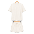 WEELZ off-white textured cotton T-shirt and shorts set on hanger — front