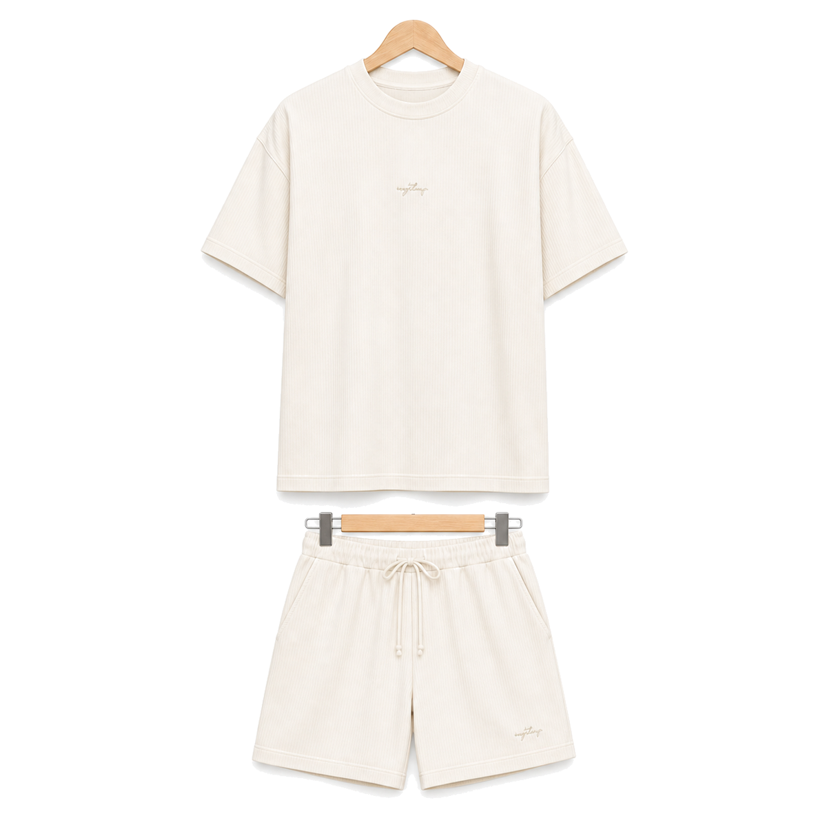 WEELZ off-white textured cotton T-shirt and shorts set on hanger — front