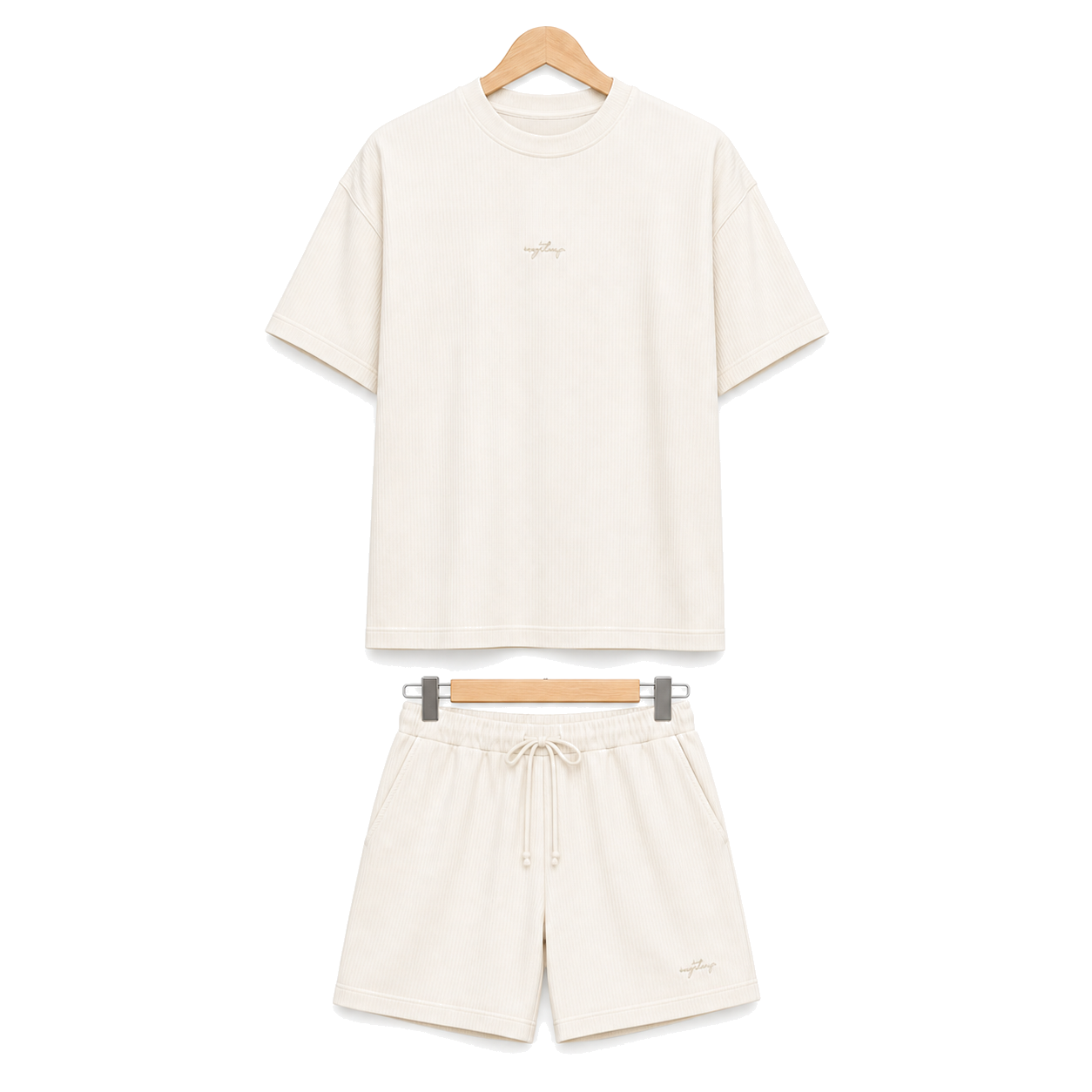 WEELZ off-white textured cotton T-shirt and shorts set on hanger — front