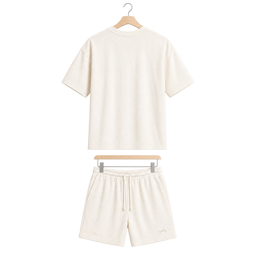 WEELZ off-white textured cotton T-shirt and shorts set on hanger — back