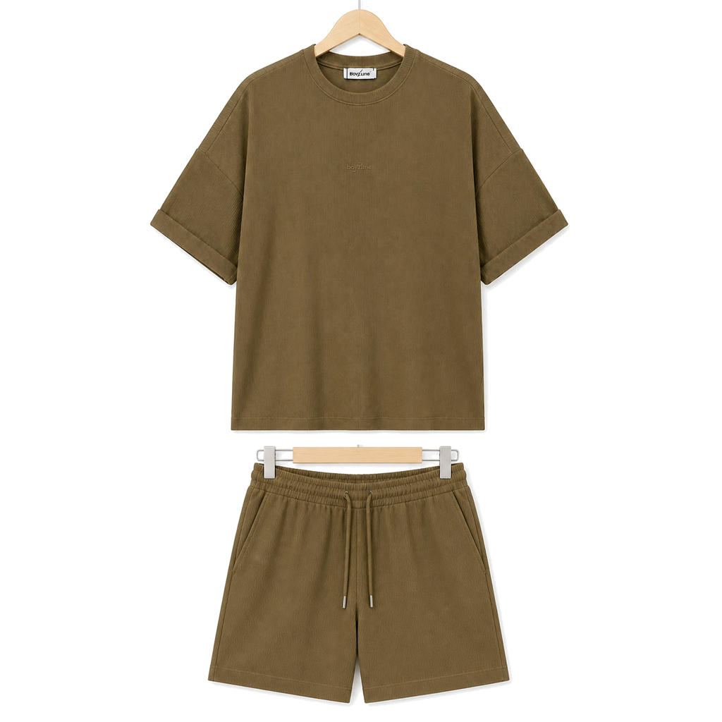 WEELZ olive textured cotton T-shirt and shorts set on hanger — front