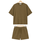 WEELZ olive textured cotton T-shirt and shorts set on hanger — front